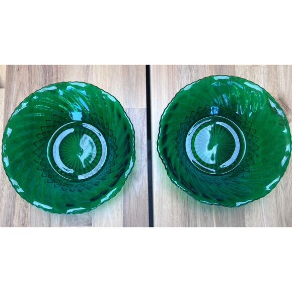 Vintage Green Glass Scalloped Bowls Set of 2 Emerald Green Pressed Glass Jewelry - Picture 1 of 11